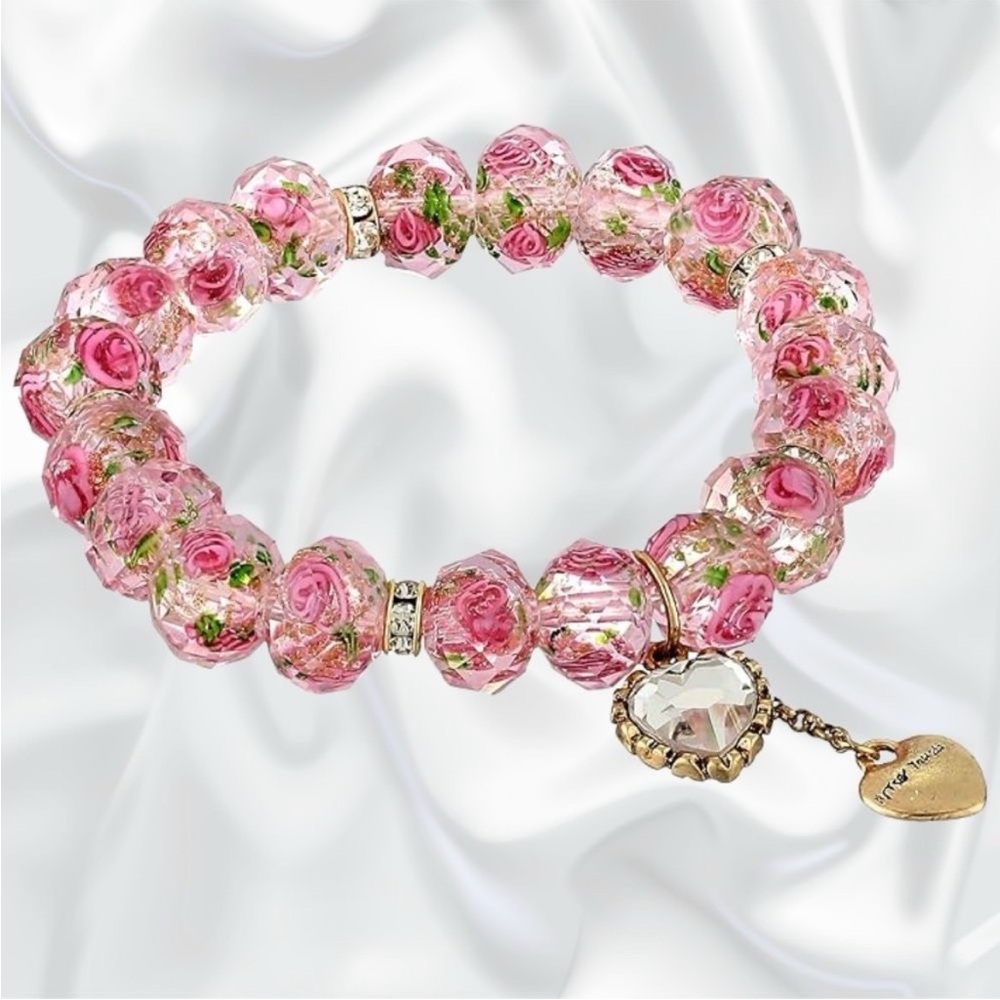 BETSEY JOHNSON Pink Flower Beaded Stretch Bracelet
